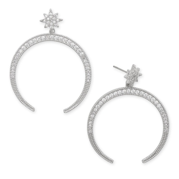 Jewelry - Rhodium Plated Star CZ and Crescent Moon Drop Fashion Earrings NWT